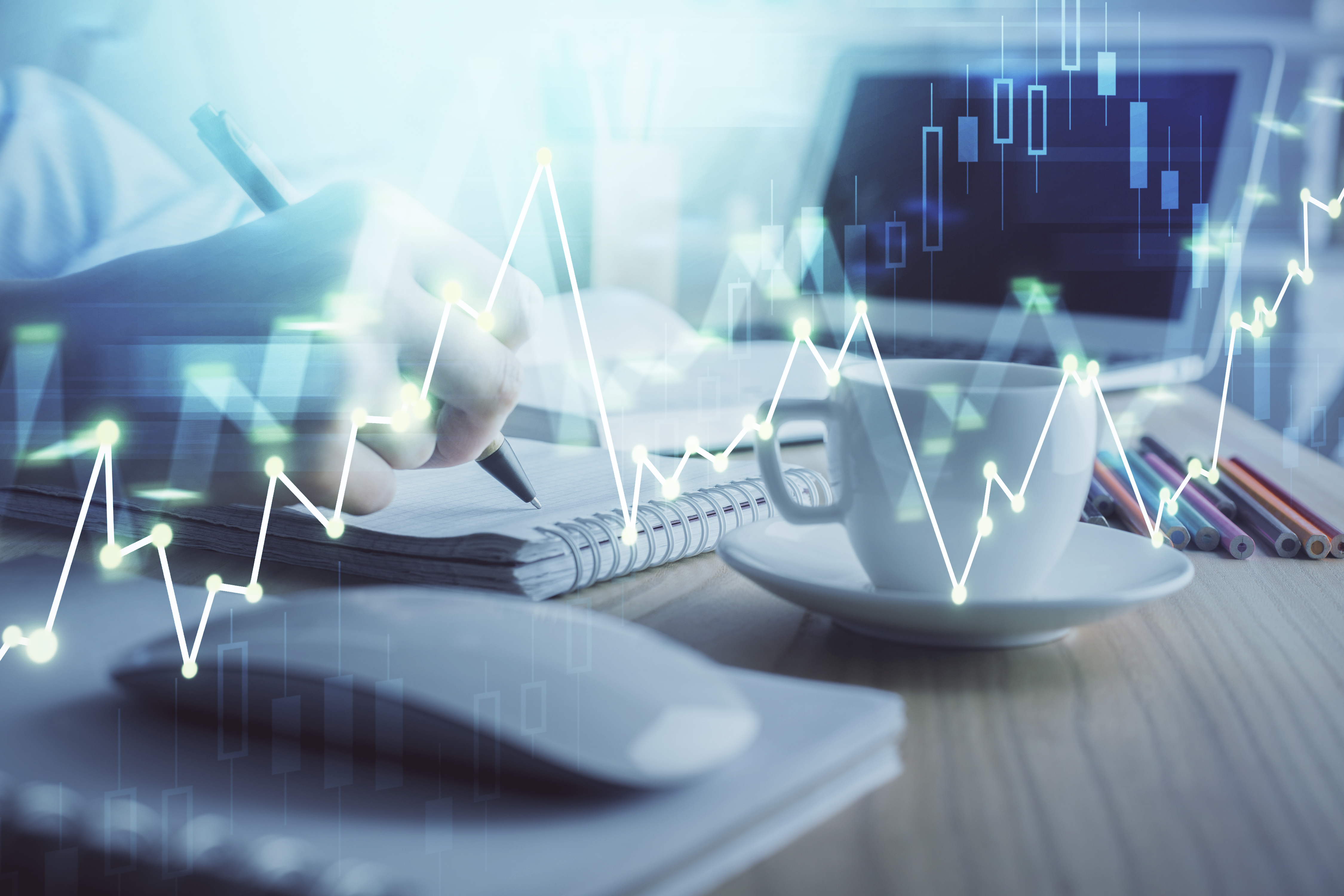 Financial chart drawn over hands taking notes background. Concept of research. Double exposure